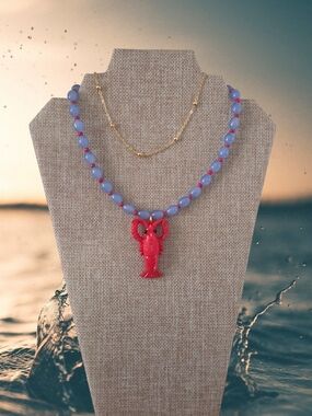 Handcrafted Blue And Red Bead Necklace with Red Lobster Pendant